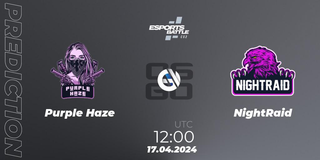 Purple Haze contre NightRaid : prédiction de match. 17.04.2024 at 11:00. Counter-Strike (CS2), ESportsBattle Season 49