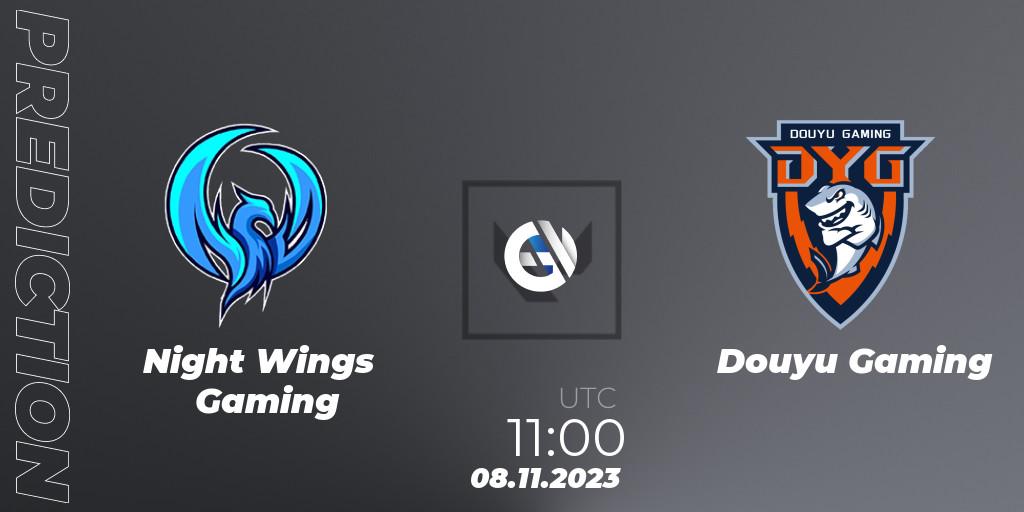 Night Wings Gaming contre Douyu Gaming : prédiction de match. 08.11.2023 at 11:15. VALORANT, VALORANT China Evolution Series Act 3: Heritability - Play-In