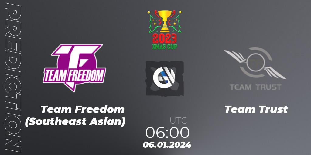 Team Freedom (Southeast Asian) contre Team Trust : prédiction de match. 06.01.2024 at 06:00. Dota 2, Xmas Cup 2023