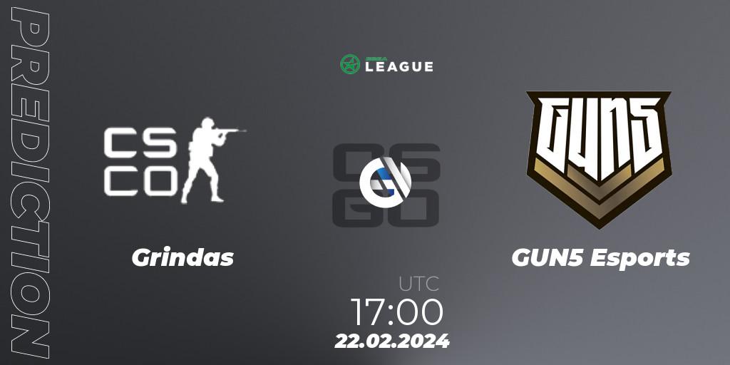 Grindas contre GUN5 Esports : prédiction de match. 22.02.2024 at 17:00. Counter-Strike (CS2), ESEA Season 48: Advanced Division - Europe