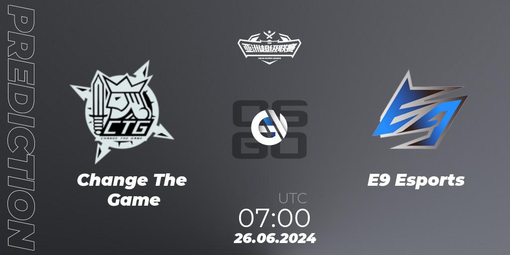 Change The Game contre E9 Esports : prédiction de match. 26.06.2024 at 07:00. Counter-Strike (CS2), Asian Super League Season 4: Preliminary Stage