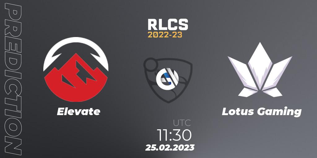Elevate contre Lotus Gaming : prédiction de match. 25.02.2023 at 11:30. Rocket League, RLCS 2022-23 - Winter: Asia-Pacific Regional 3 - Winter Invitational