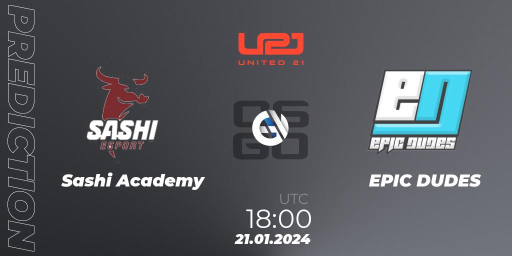 Sashi Academy contre EPIC DUDES : prédiction de match. 21.01.2024 at 18:00. Counter-Strike (CS2), United21 Season 10: Division 2
