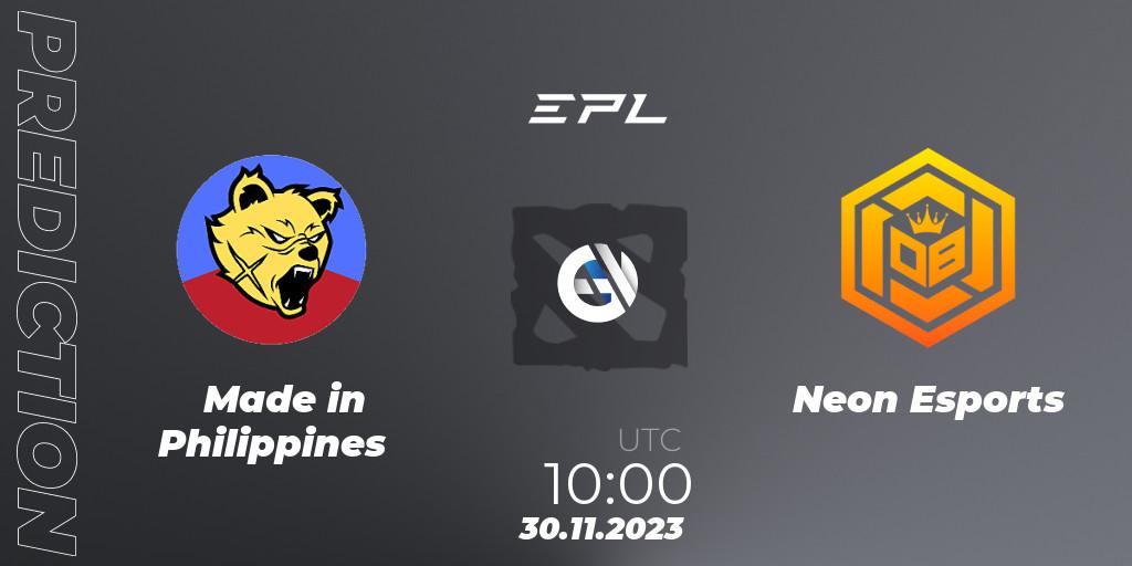 Made in Philippines contre Neon Esports : prédiction de match. 30.11.2023 at 09:59. Dota 2, EPL World Series: Southeast Asia Season 1