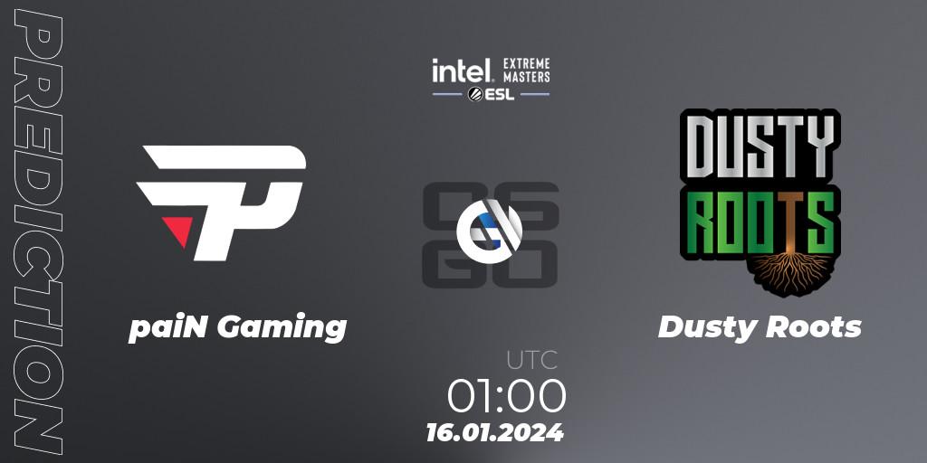 paiN Gaming contre Dusty Roots : prédiction de match. 16.01.2024 at 00:45. Counter-Strike (CS2), Intel Extreme Masters China 2024: South American Open Qualifier #2