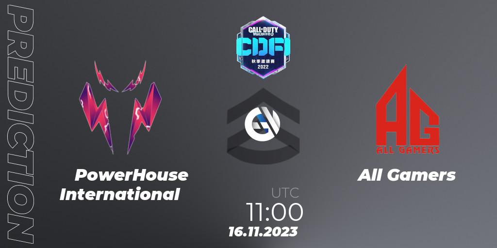 PowerHouse International contre All Gamers : prédiction de match. 16.11.2023 at 11:00. Call of Duty, CODM Fall Invitational 2023