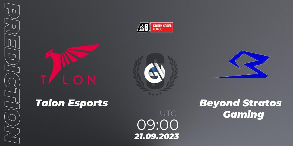 Talon Esports contre Beyond Stratos Gaming : prédiction de match. 21.09.2023 at 09:00. Rainbow Six, South Korea League 2023 - Stage 2