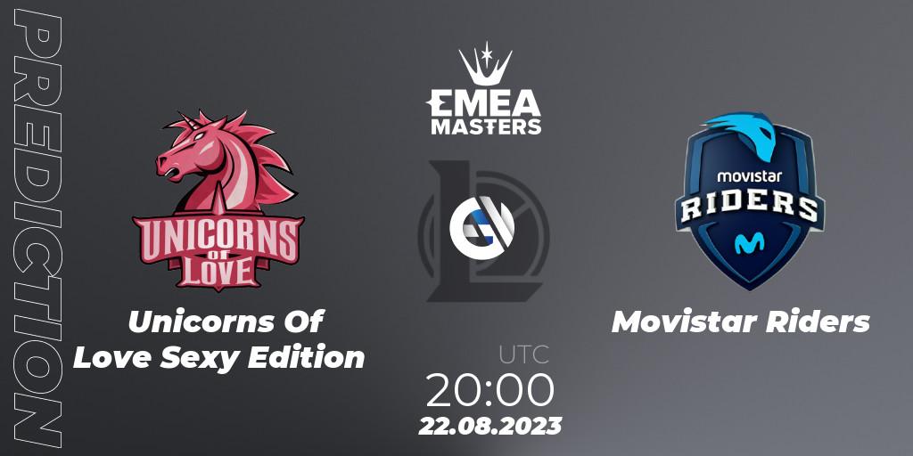 Unicorns Of Love Sexy Edition contre Movistar Riders : prédiction de match. 22.08.2023 at 20:00. LoL, EMEA Masters Summer 2023