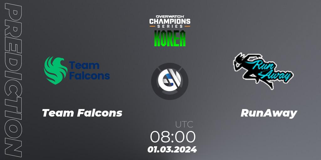 Team Falcons contre RunAway : prédiction de match. 01.03.2024 at 08:00. Overwatch, Overwatch Champions Series 2024 - Stage 1 Korea