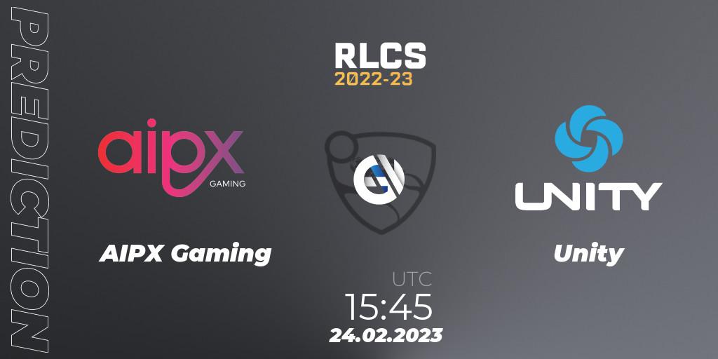 AIPX Gaming contre Unity : prédiction de match. 24.02.2023 at 15:45. Rocket League, RLCS 2022-23 - Winter: Sub-Saharan Africa Regional 3 - Winter Invitational
