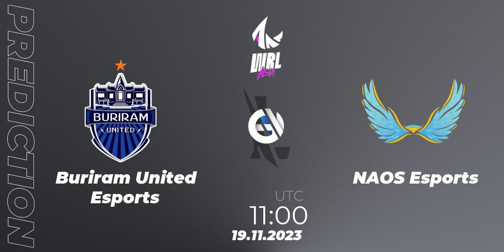 Buriram United Esports contre NAOS Esports : prédiction de match. 19.11.2023 at 10:30. Wild Rift, WRL Asia 2023 - Season 2 - Regular Season