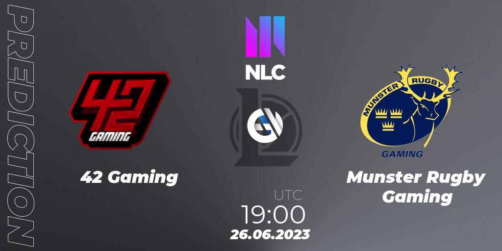 42 Gaming contre Munster Rugby Gaming : prédiction de match. 26.06.2023 at 19:00. LoL, NLC 2nd Division Summer 2023