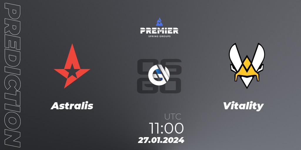 Astralis contre Vitality : prédiction de match. 27.01.2024 at 11:00. Counter-Strike (CS2), BLAST Premier: Spring Groups 2024