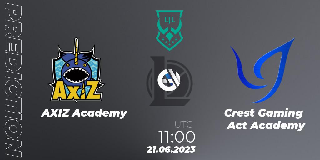 AXIZ Academy contre Crest Gaming Act Academy : prédiction de match. 21.06.2023 at 11:00. LoL, LJL Academy 2023 - Group Stage