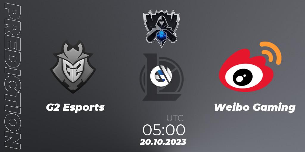 G2 Esports contre Weibo Gaming : prédiction de match. 20.10.2023 at 10:20. LoL, Worlds 2023 LoL - Group Stage