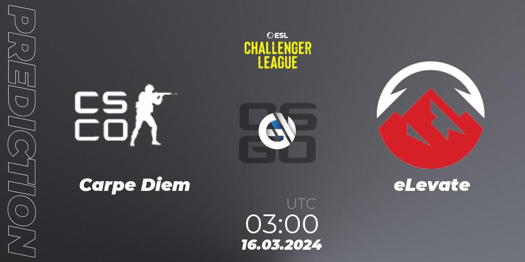 Carpe Diem contre eLevate : prédiction de match. 16.03.2024 at 03:15. Counter-Strike (CS2), ESL Challenger League Season 47: North America