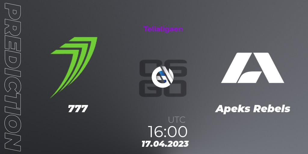 777 contre Apeks Rebels : prédiction de match. 17.04.2023 at 16:00. Counter-Strike (CS2), Telialigaen Spring 2023: Group stage