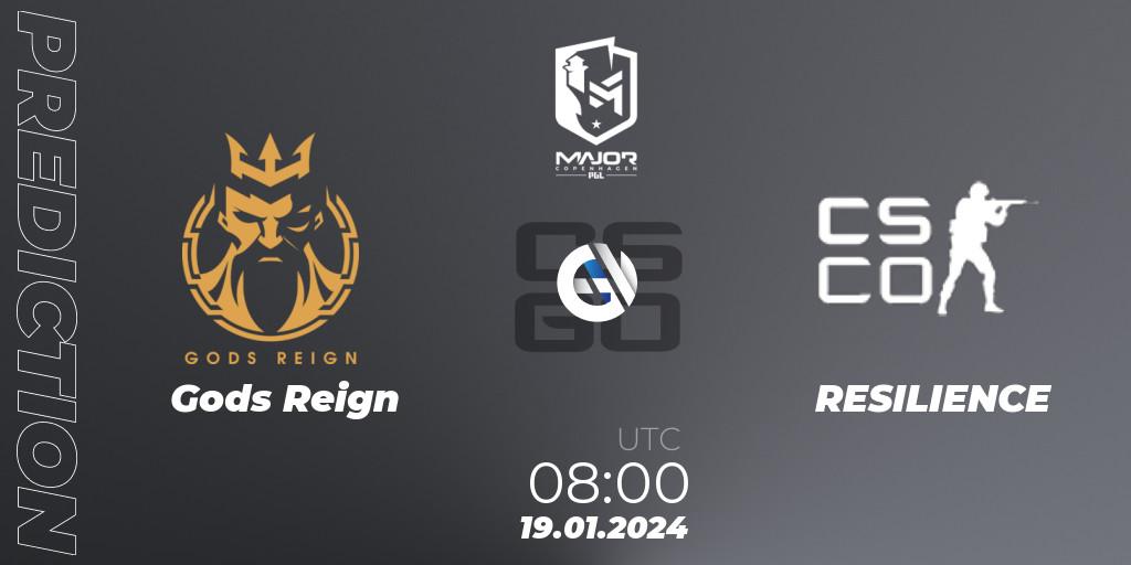 Gods Reign contre RESILIENCE : prédiction de match. 19.01.2024 at 08:00. Counter-Strike (CS2), PGL CS2 Major Copenhagen 2024 Asia RMR Closed Qualifier
