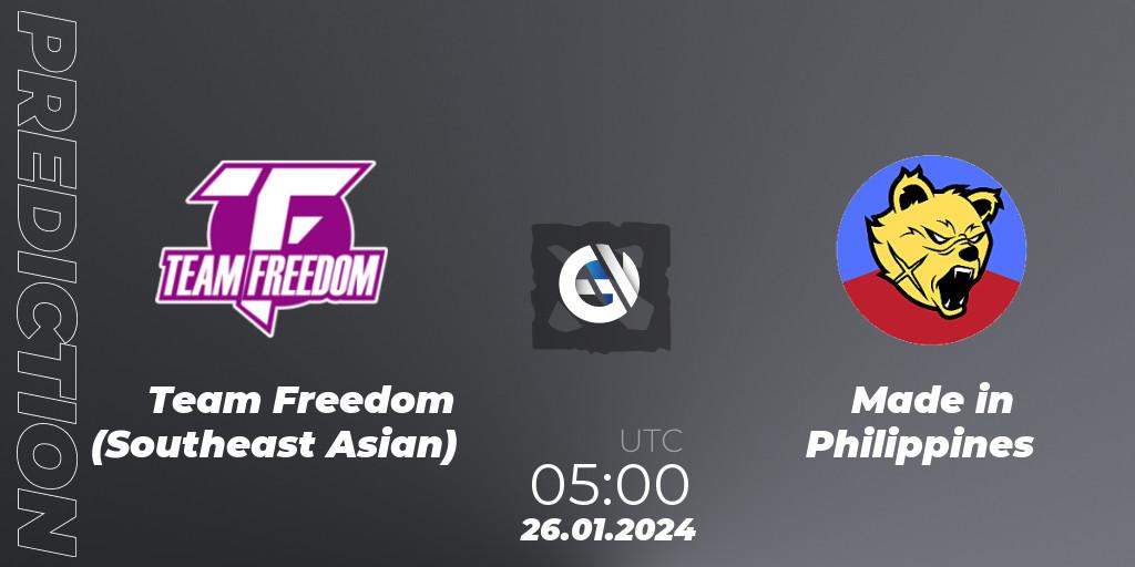 Team Freedom (Southeast Asian) contre Made in Philippines : prédiction de match. 28.01.2024 at 06:59. Dota 2, New Year Cup 2024