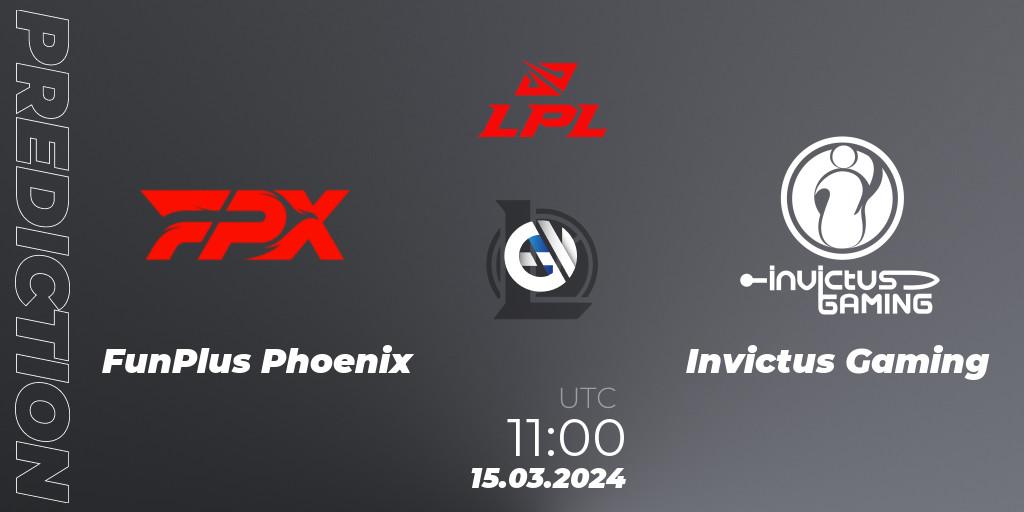 FunPlus Phoenix contre Invictus Gaming : prédiction de match. 15.03.2024 at 11:00. LoL, LPL Spring 2024 - Group Stage