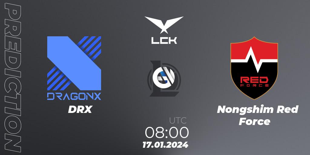 DRX contre Nongshim Red Force : prédiction de match. 17.01.2024 at 08:15. LoL, LCK Spring 2024 - Group Stage