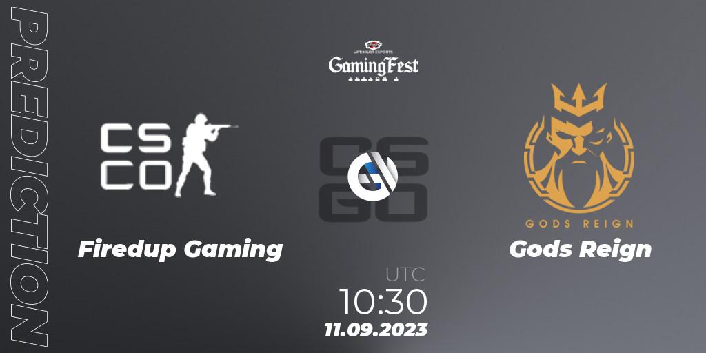 Firedup Gaming contre Gods Reign : prédiction de match. 11.09.2023 at 10:30. Counter-Strike (CS2), Upthrust Esports GamingFest Season 3