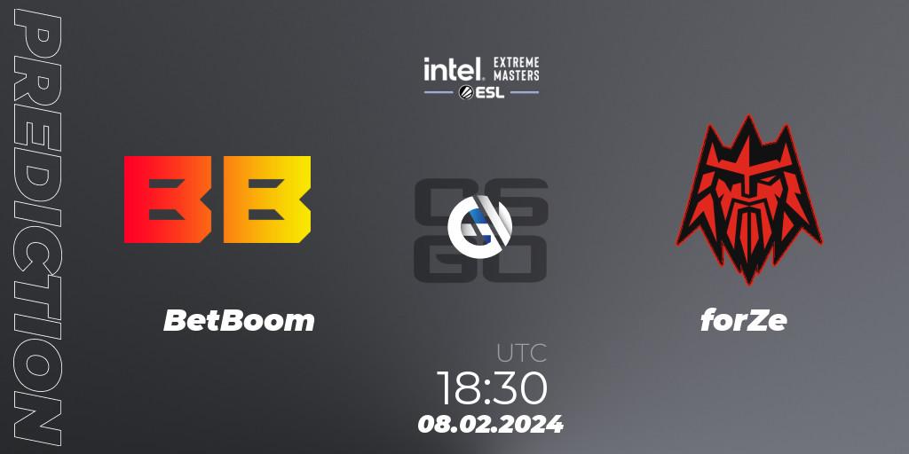 BetBoom contre forZe : prédiction de match. 08.02.2024 at 18:30. Counter-Strike (CS2), Intel Extreme Masters China 2024: European Closed Qualifier