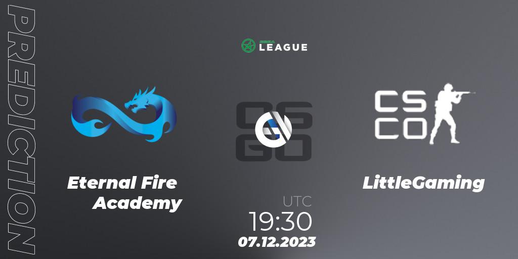 Eternal Fire Academy contre LittleGaming : prédiction de match. 07.12.2023 at 19:30. Counter-Strike (CS2), ESEA Season 47: Main Division - Europe