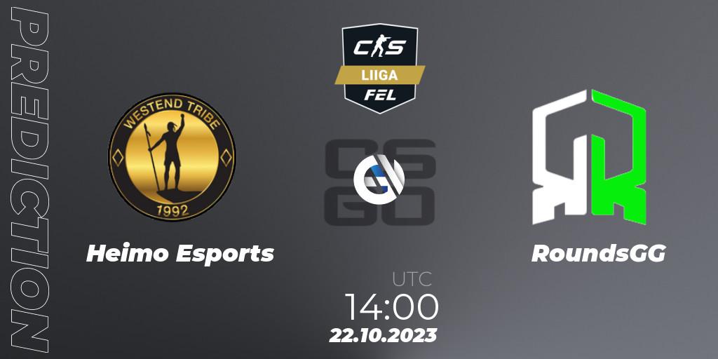 Heimo Esports contre RoundsGG : prédiction de match. 22.10.2023 at 14:00. Counter-Strike (CS2), Finnish Esports League Season 11