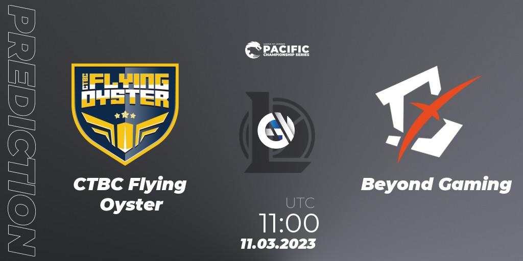 CTBC Flying Oyster contre Beyond Gaming : prédiction de match. 11.03.2023 at 11:00. LoL, PCS Spring 2023 - Group Stage