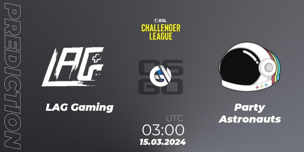 LAG Gaming contre Party Astronauts : prédiction de match. 09.05.2024 at 02:00. Counter-Strike (CS2), ESL Challenger League Season 47: North America