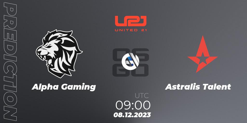 Alpha Gaming contre Astralis Talent : prédiction de match. 08.12.2023 at 09:00. Counter-Strike (CS2), United21 Season 9