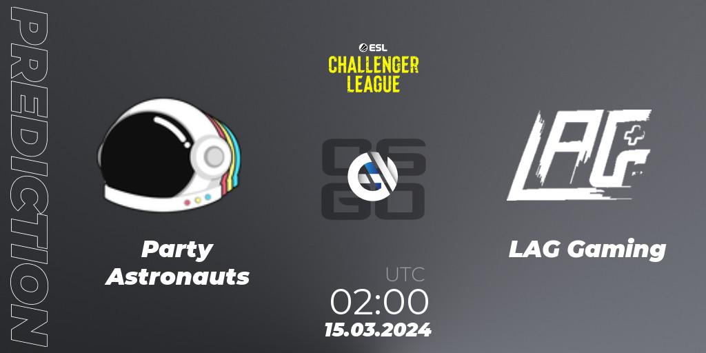 Party Astronauts contre LAG Gaming : prédiction de match. 09.05.2024 at 01:00. Counter-Strike (CS2), ESL Challenger League Season 47: North America
