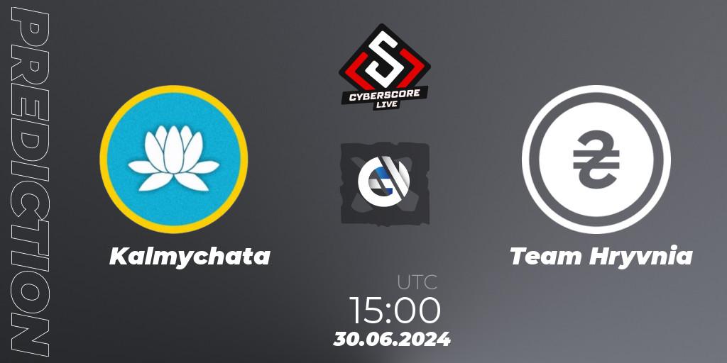Kalmychata contre Team Hryvnia : prédiction de match. 30.06.2024 at 15:00. Dota 2, CyberScore Cup