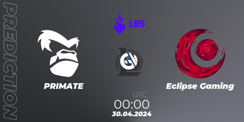 PRIMATE contre Eclipse Gaming : prédiction de match. 30.04.2024 at 00:00. LoL, Liga Regional Sur 2024