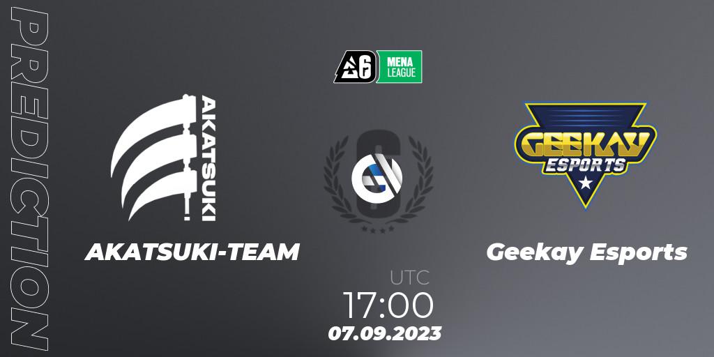 AKATSUKI-TEAM contre Geekay Esports : prédiction de match. 07.09.2023 at 17:00. Rainbow Six, MENA League 2023 - Stage 2