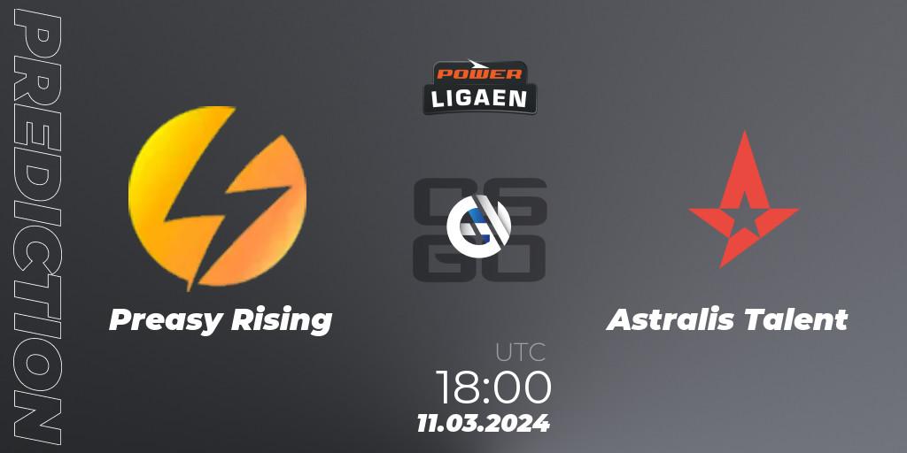 Preasy Rising contre Astralis Talent : prédiction de match. 11.03.2024 at 18:00. Counter-Strike (CS2), Dust2.dk Ligaen Season 25