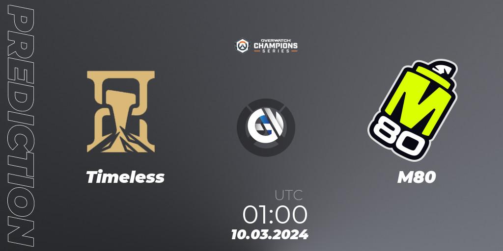 Timeless contre M80 : prédiction de match. 10.03.2024 at 01:00. Overwatch, Overwatch Champions Series 2024 - North America Stage 1 Group Stage