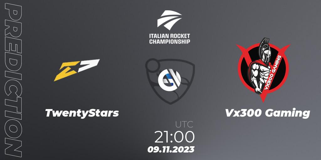 TwentyStars contre Vx300 Gaming : prédiction de match. 09.11.2023 at 21:00. Rocket League, Italian Rocket Championship Season 11Serie A Relegation