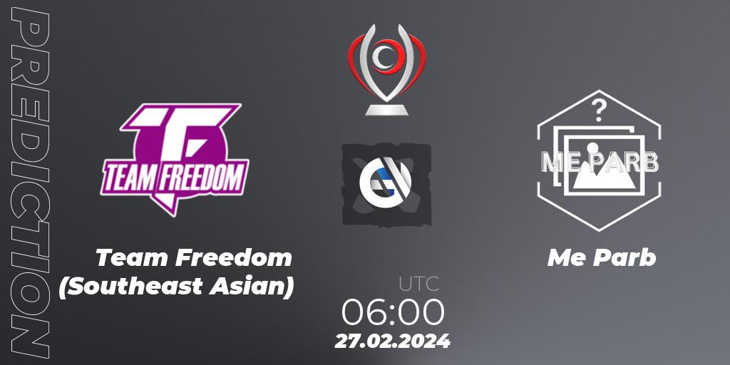 Team Freedom (Southeast Asian) contre Me Parb : prédiction de match. 27.02.2024 at 06:13. Dota 2, Opus League