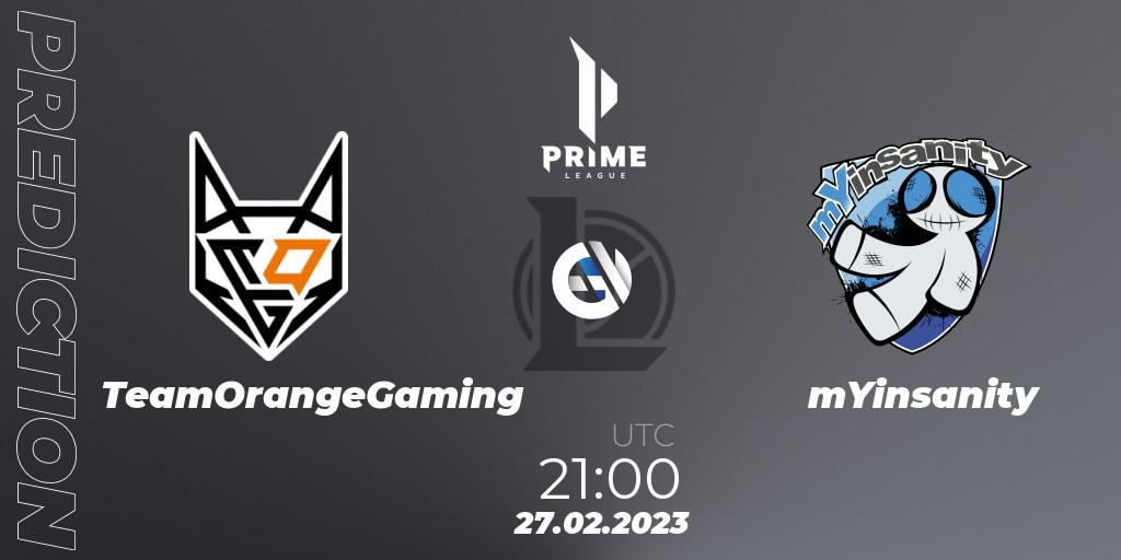 TeamOrangeGaming contre mYinsanity : prédiction de match. 27.02.2023 at 21:00. LoL, Prime League 2nd Division Spring 2023 - Group Stage