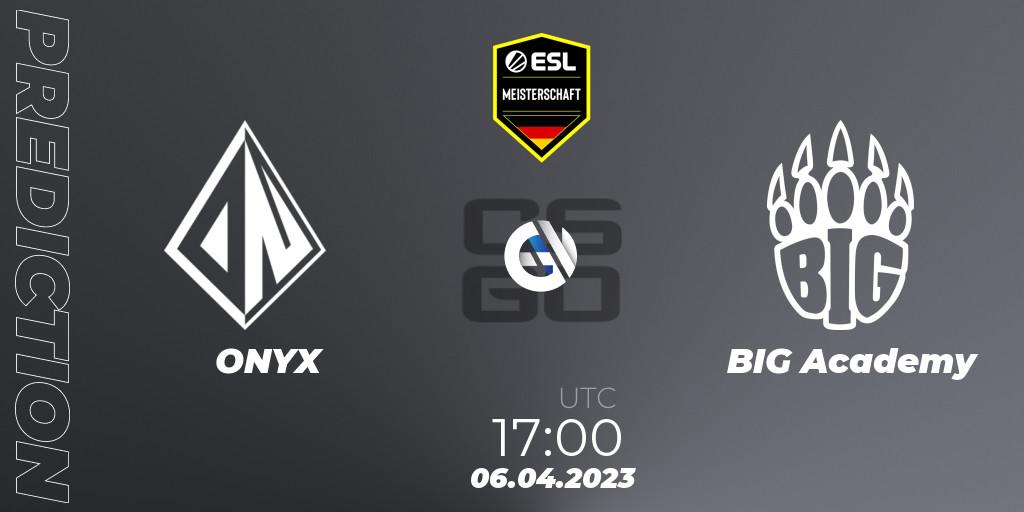 ONYX contre BIG Academy : prédiction de match. 06.04.2023 at 17:00. Counter-Strike (CS2), ESL Meisterschaft: Spring 2023