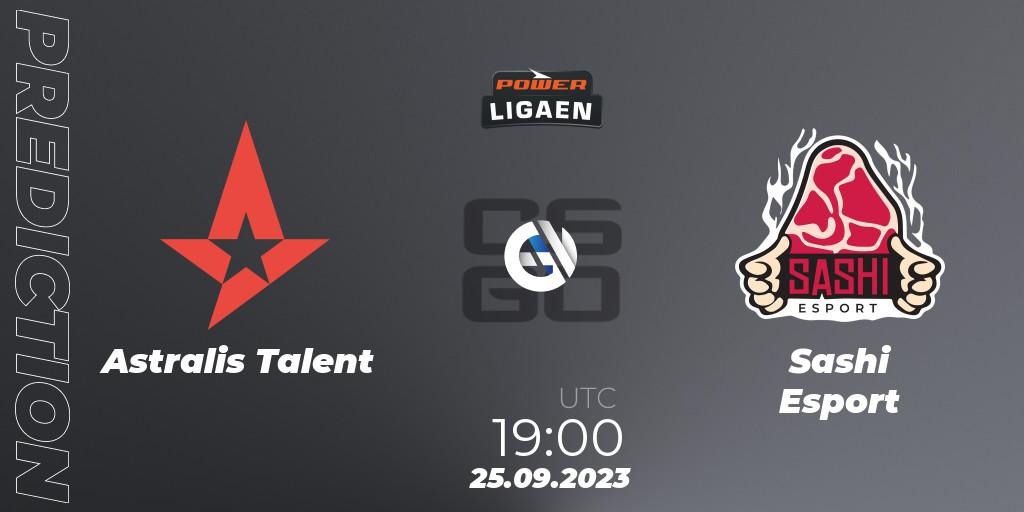 Astralis Talent contre Sashi Esport : prédiction de match. 25.09.2023 at 19:00. Counter-Strike (CS2), POWER Ligaen Season 24 Finals