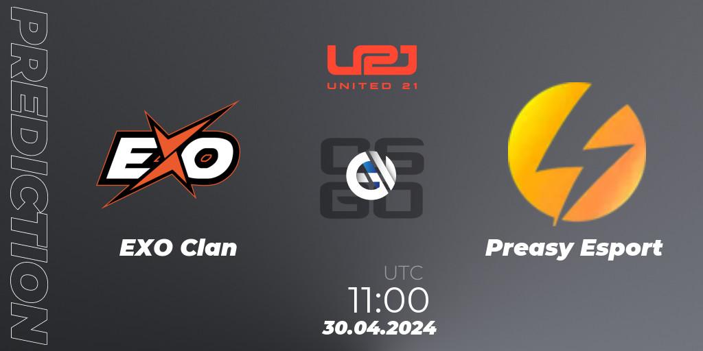 EXO Clan contre Preasy Esport : prédiction de match. 30.04.2024 at 11:00. Counter-Strike (CS2), United21 Season 15