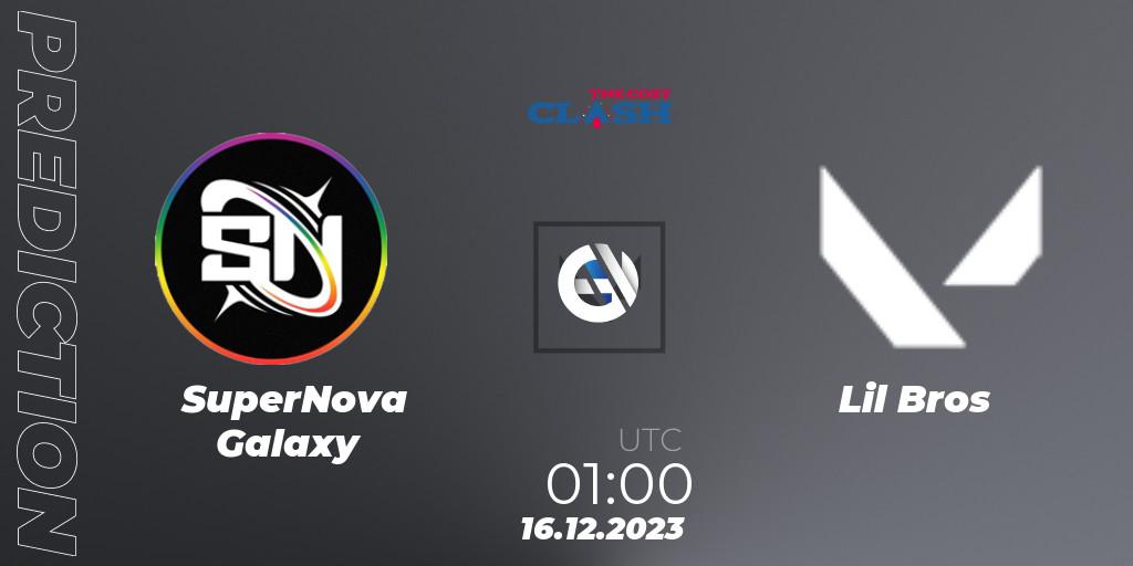 SuperNova Galaxy contre Lil Bros : prédiction de match. 16.12.2023 at 01:00. VALORANT, The Cozy Clash