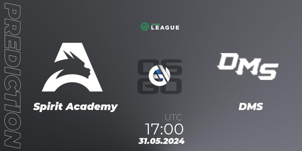 Spirit Academy contre DMS : prédiction de match. 31.05.2024 at 17:00. Counter-Strike (CS2), ESEA Season 49: Advanced Division - Europe