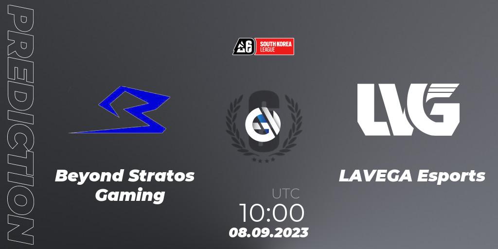 Beyond Stratos Gaming contre LAVEGA Esports : prédiction de match. 08.09.2023 at 10:00. Rainbow Six, South Korea League 2023 - Stage 2