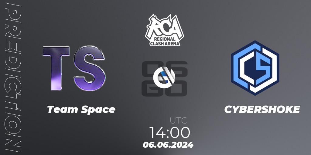 Team Space contre CYBERSHOKE : prédiction de match. 06.06.2024 at 14:00. Counter-Strike (CS2), Regional Clash Arena CIS