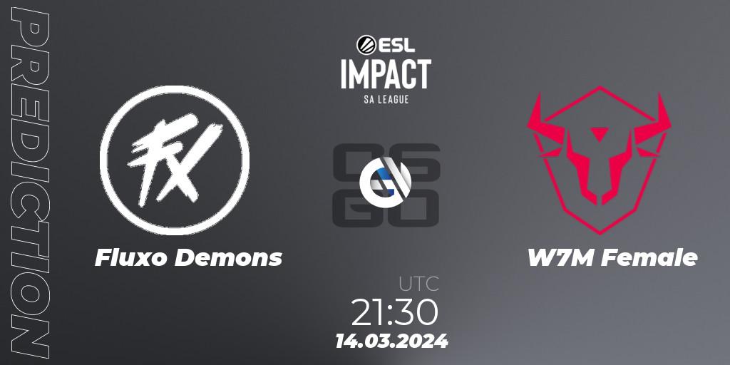 Fluxo Demons contre W7M Female : prédiction de match. 14.03.2024 at 21:30. Counter-Strike (CS2), ESL Impact League Season 5: South America