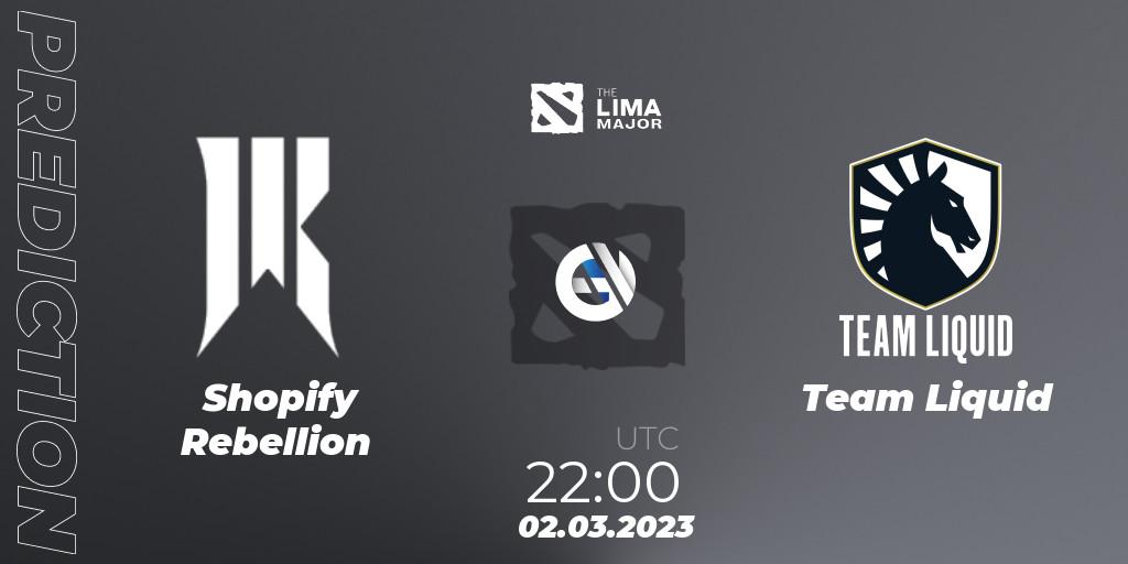 Shopify Rebellion contre Team Liquid : prédiction de match. 02.03.2023 at 21:22. Dota 2, The Lima Major 2023